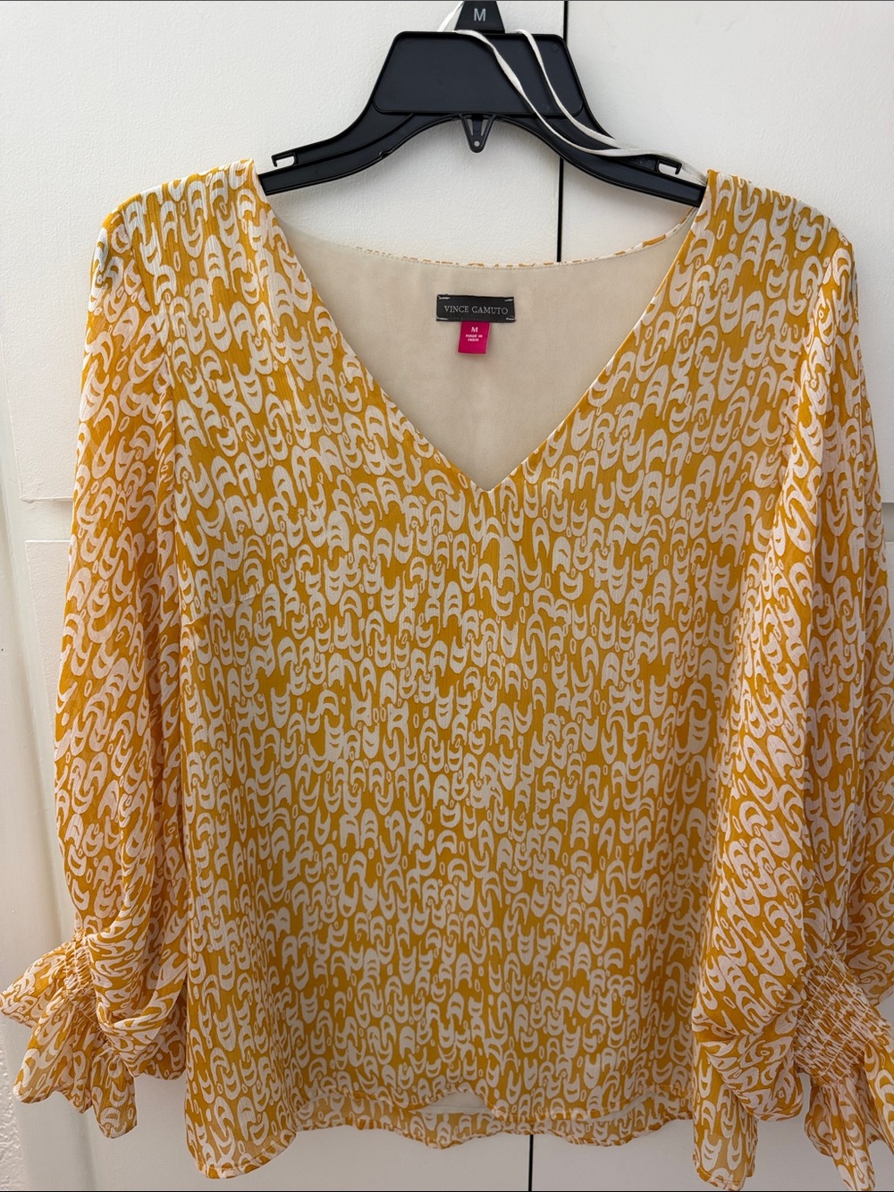 Vince Camuto Yellow and White Printed V-Neck Blouse